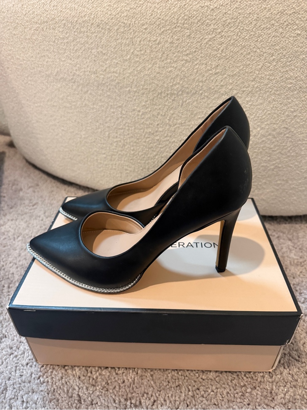 Black Pointed Toe High Heel Pumps with Rhinestone Trim
